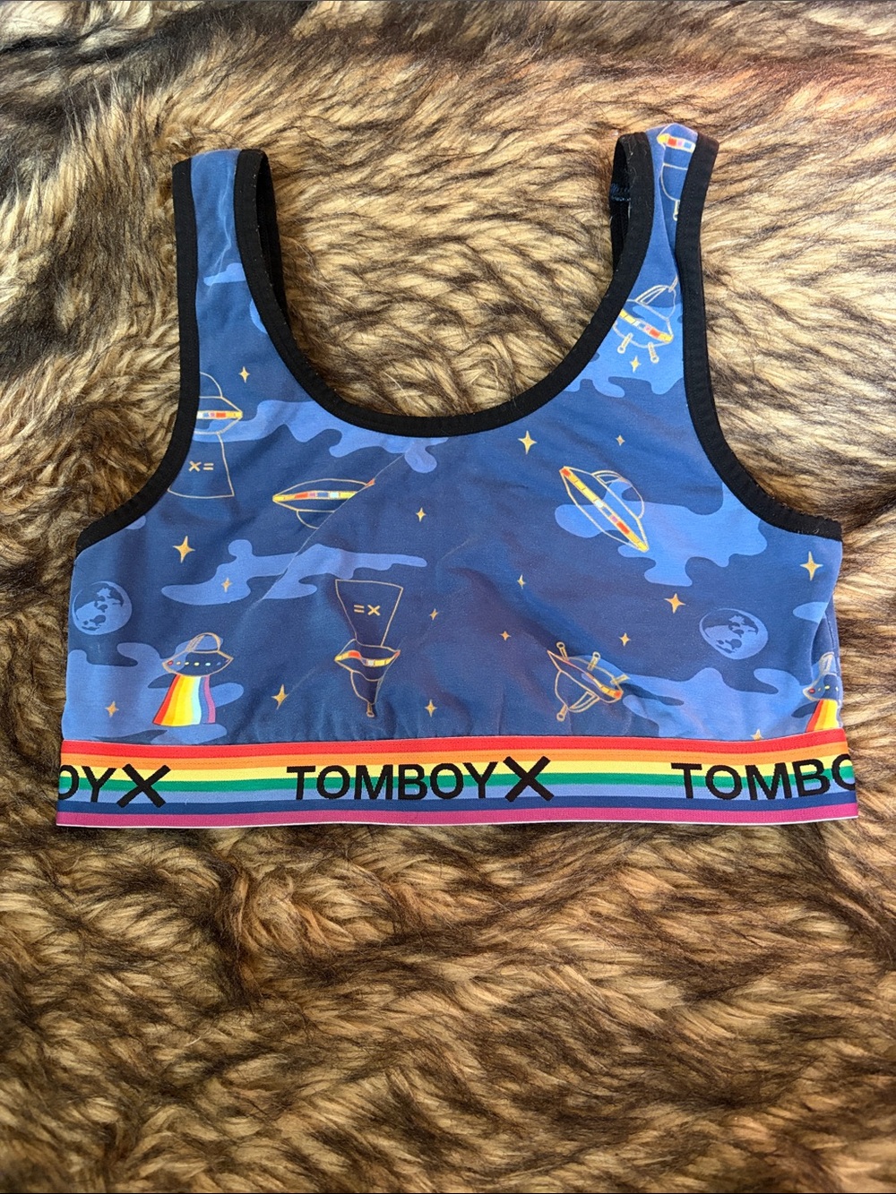 TomboyX Blue Space-Print Sports Bra/Top with Rainbow Logo Band Size L